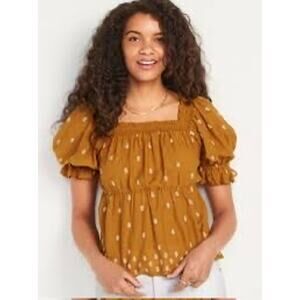 Old Navy Gold Puff Sleeve Smocked Embroidered Babydoll Blouse Plus Size XXL